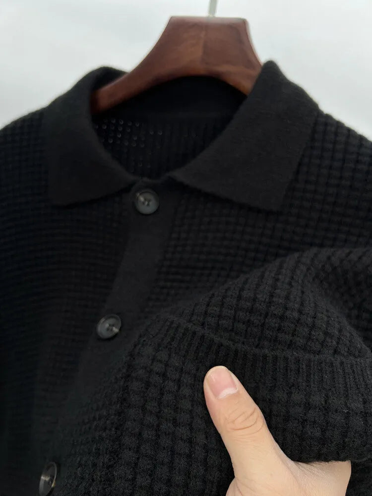 Twist jacquard lapel cardigan men's loose fit knit top coat in black gray beige