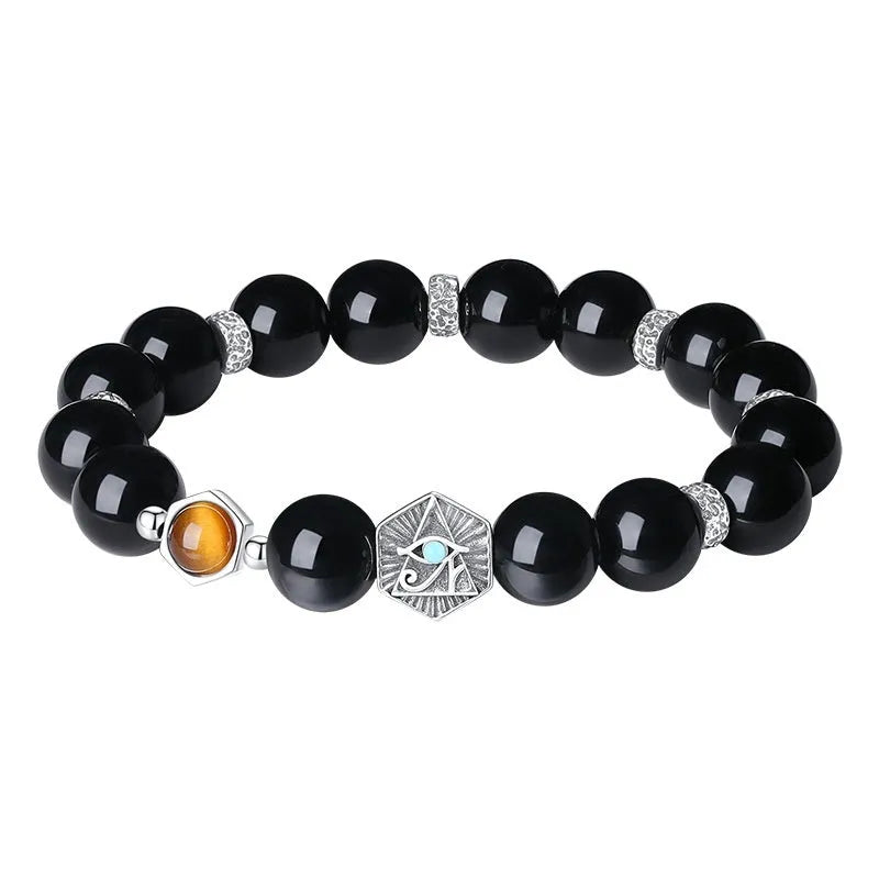 Men's geometric God's Eye obsidian bracelet in S925 sterling silver on wrist