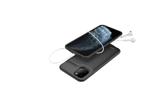 Black silicone iPhone battery charger case showing front and back, compatible with multiple iPhone models.