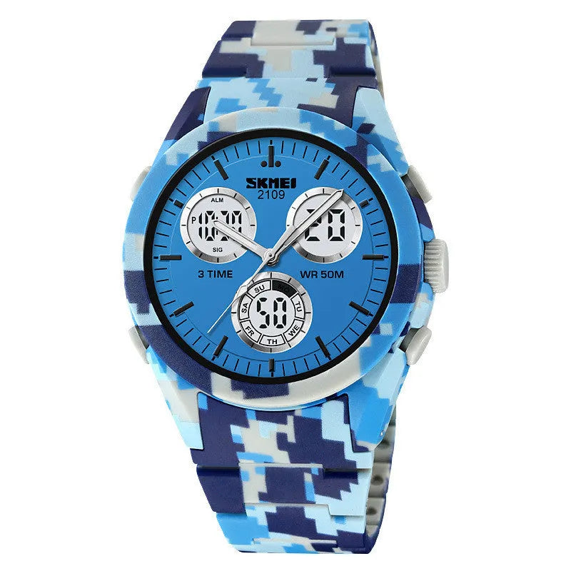 Men's and women's electronic casual watch with a black TPU strap and camouflage-pattern dial on a wrist.