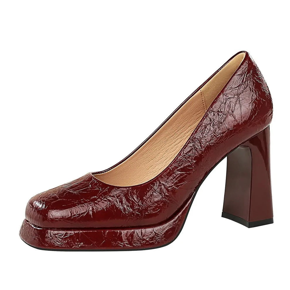 Waterproof platform square-toe ultra-high block heels for women in burgundy patent leather with rubber sole