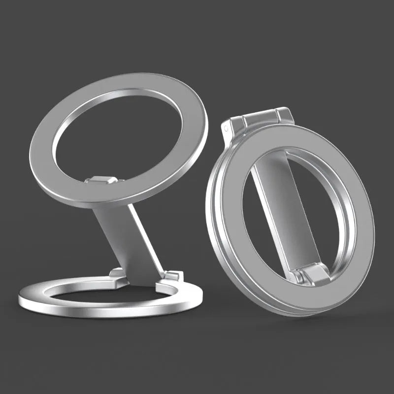 Full metal fastened ring desktop stand in black holding a tablet on a desk