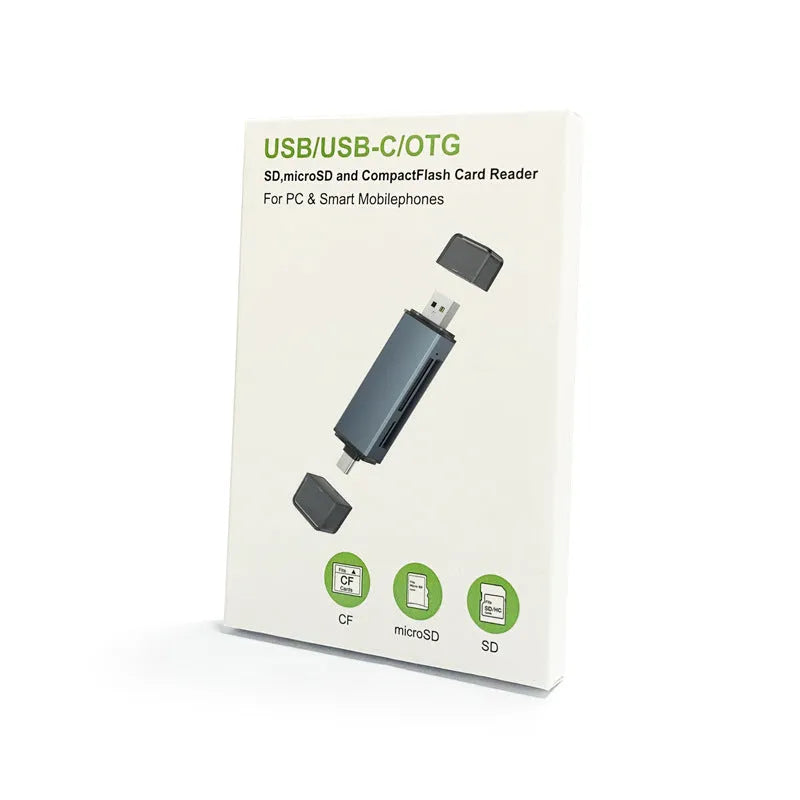 Compact aluminium alloy USB card reader for CF, SD, and TF memory cards on a desk.
