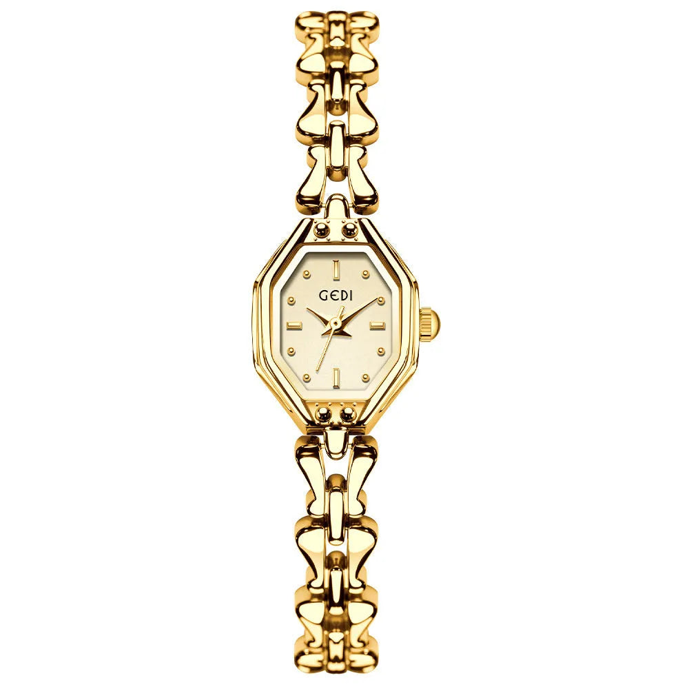 Octagonal women's quartz watch with 7.8mm alloy case, 17.5mm barrel dial, and steel gold finish