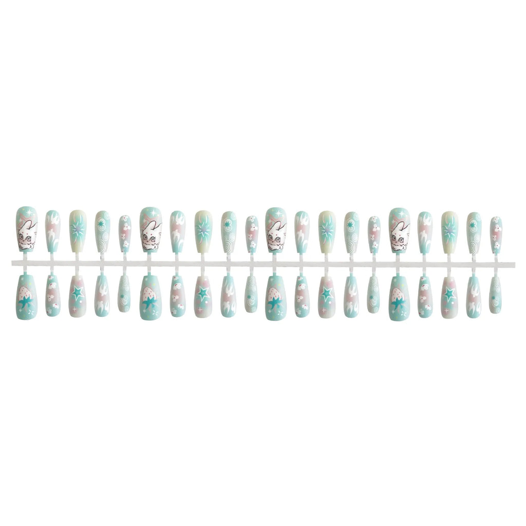 Cartoon cute rabbit middle ladder fake nails with cat's paw pattern, Rabbit Planet XB2-902, 40 pieces.