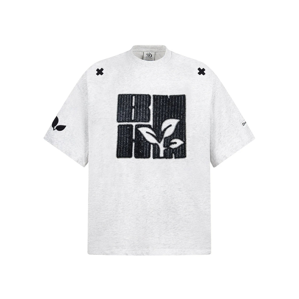 Men's cotton short sleeve T-shirt with embroidered letter pattern, loose pullover, black blue melange gray, sizes M L XL