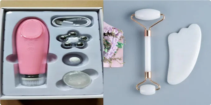 White jade double-headed facial roller and gua sha board set on a flat surface.