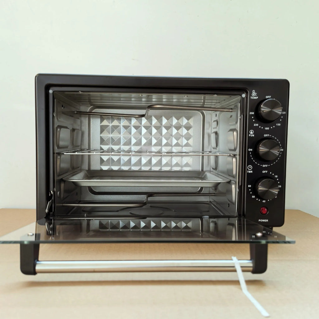 12L household electric oven in black with double-layer interior and mechanical dials, galvanised steel body