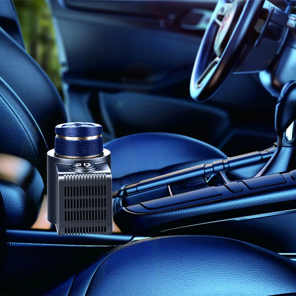 Smart portable car hot cold coffee cup with digital temperature display, ABS and aviation aluminium, on a car console