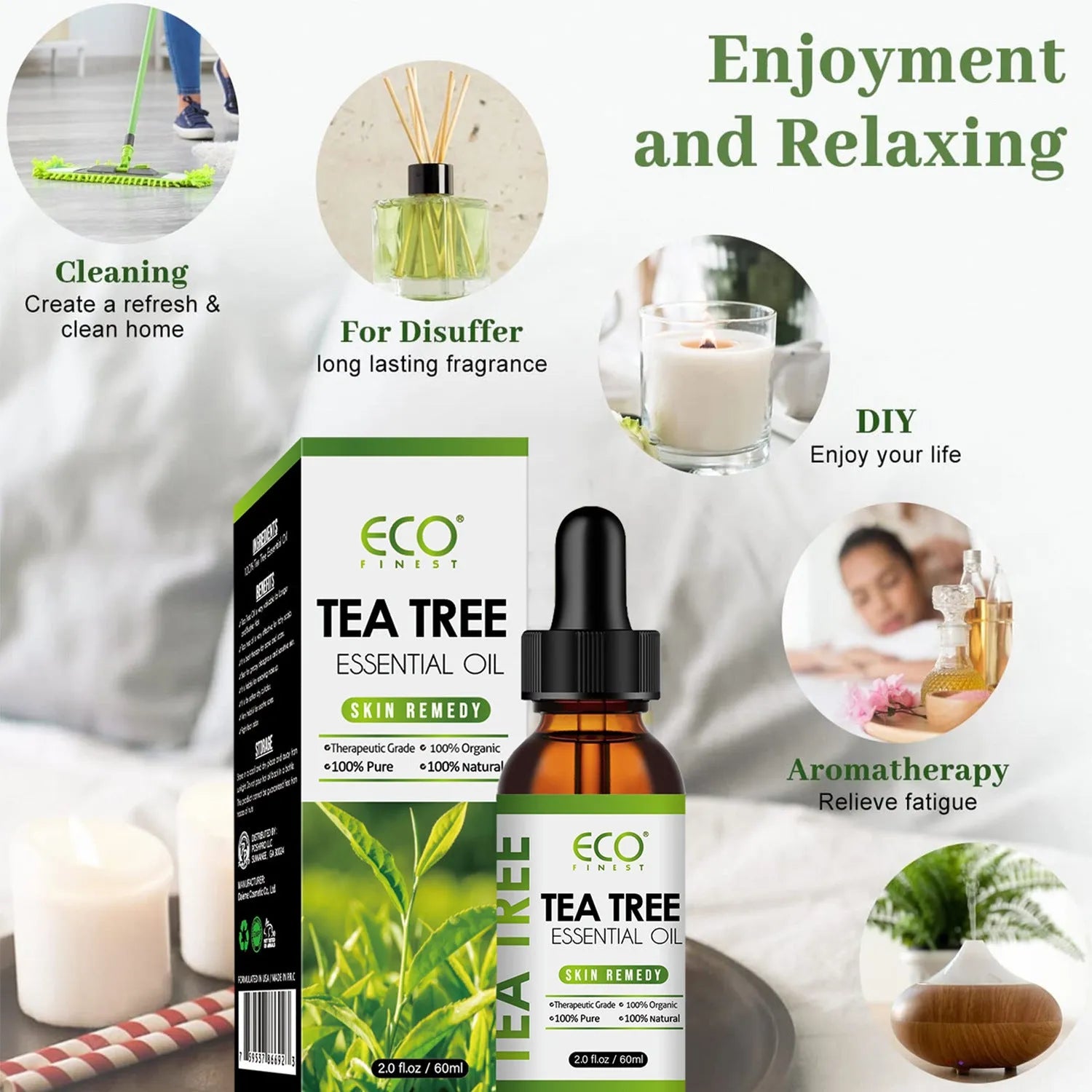 60ml bottle of tea tree essential oil for acne treatment and massage applications