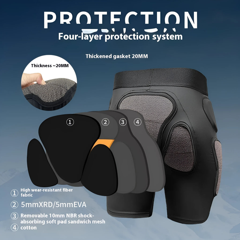 X-ray diffraction ski protective gear showing separate hip pad and knee pad sets for impact sports.