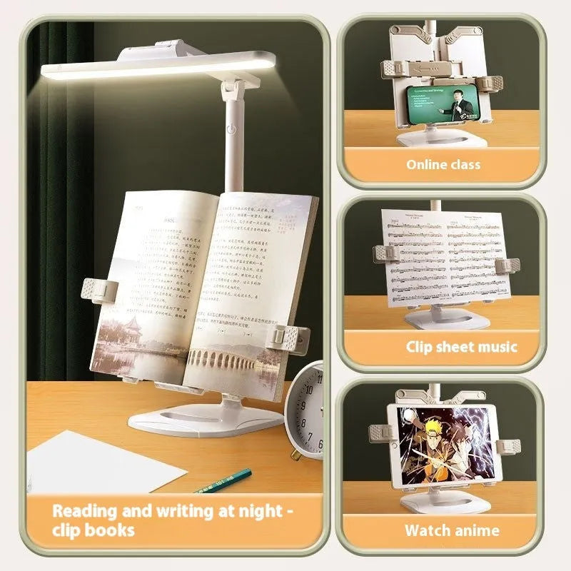 Adjustable desk lamp with reading light showing three temperature settings and dual power options