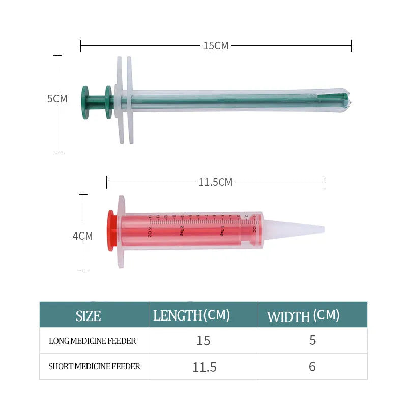 Two pet pill shooter syringes with soft tips, one larger and one smaller, for administering medication to cats and dogs.