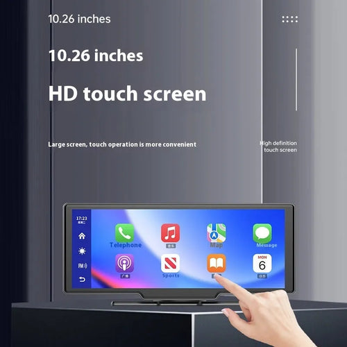 10-inch touch screen car display unit with Apple CarPlay, sat-nav, and integrated front and rear driving recorder cameras.