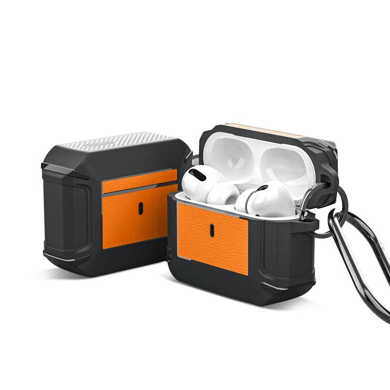 AirPods protective shell with leather texture and buckle in black base with mocha brown finish