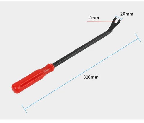 Red handled automotive door panel clip removal tool for General Motors vehicles