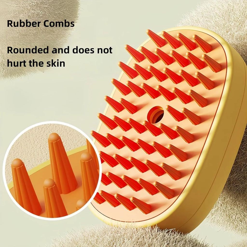 White or yellow pet steam brush with rubber comb teeth and rechargeable spray function