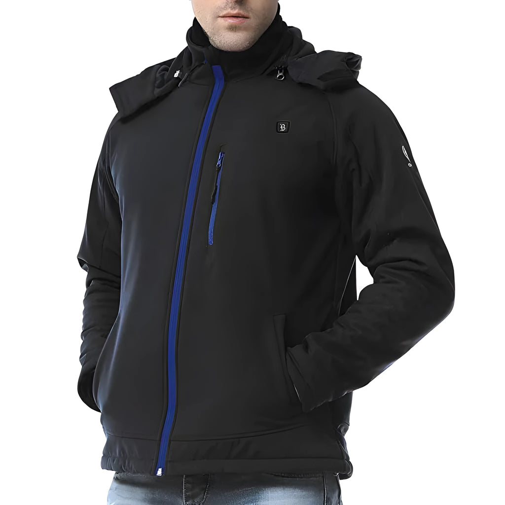 Black men's waterproof windproof thermal winter coat with zip pockets and straight hem design