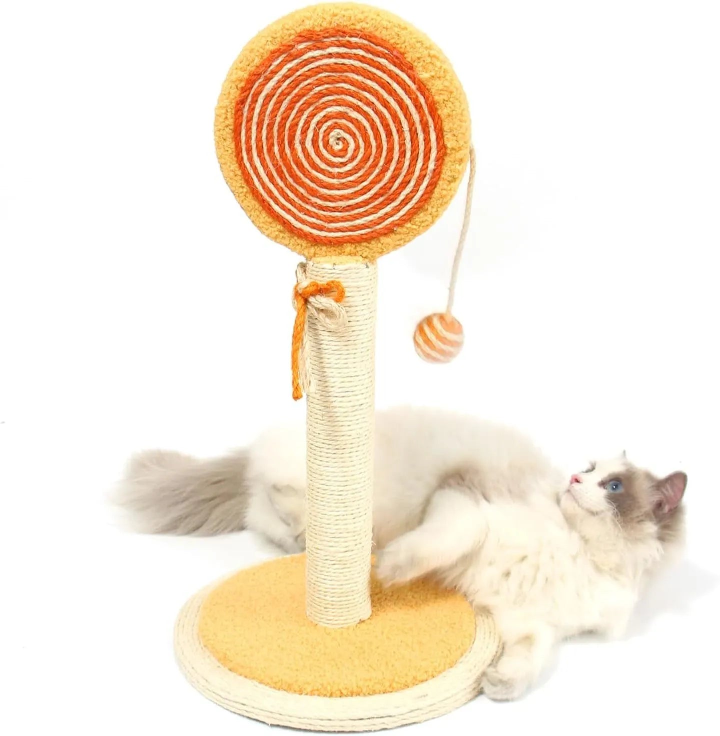 Blue cat scratching post made of natural sisal with a hanging ball on a stable white base.