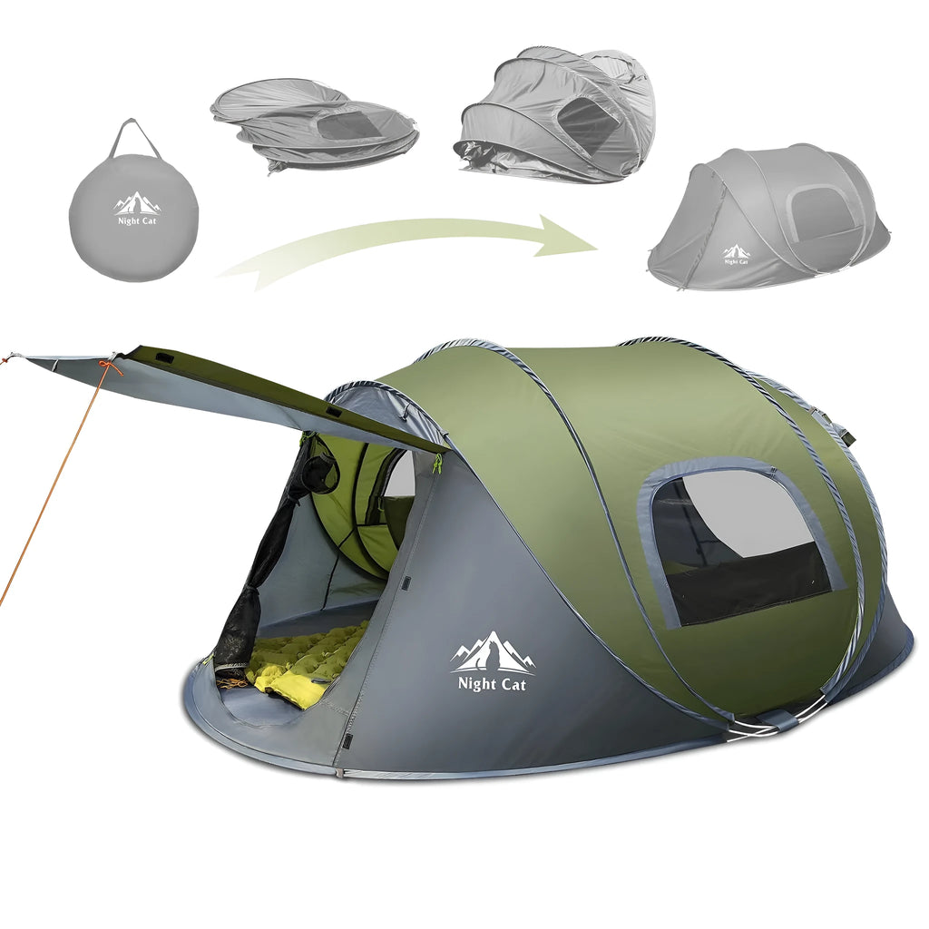Dark green instant pop-up camping tent pitched outdoors, showing its automatic frame structure and two-person size.