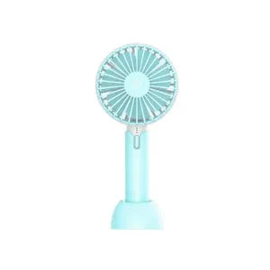 Blue handheld mini electric fan with USB cable and three-speed control on desktop