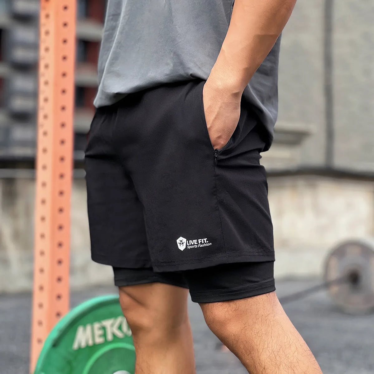 Men's quick drying zippered shorts in chemical fiber blend, Black Grey Dark Grey, sizes M to XXXL