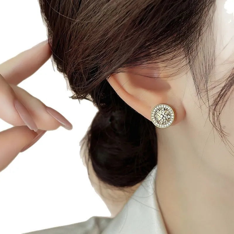 Zircon stud earrings for women copper inlaid eight-pointed star real gold plated Japanese Korean style