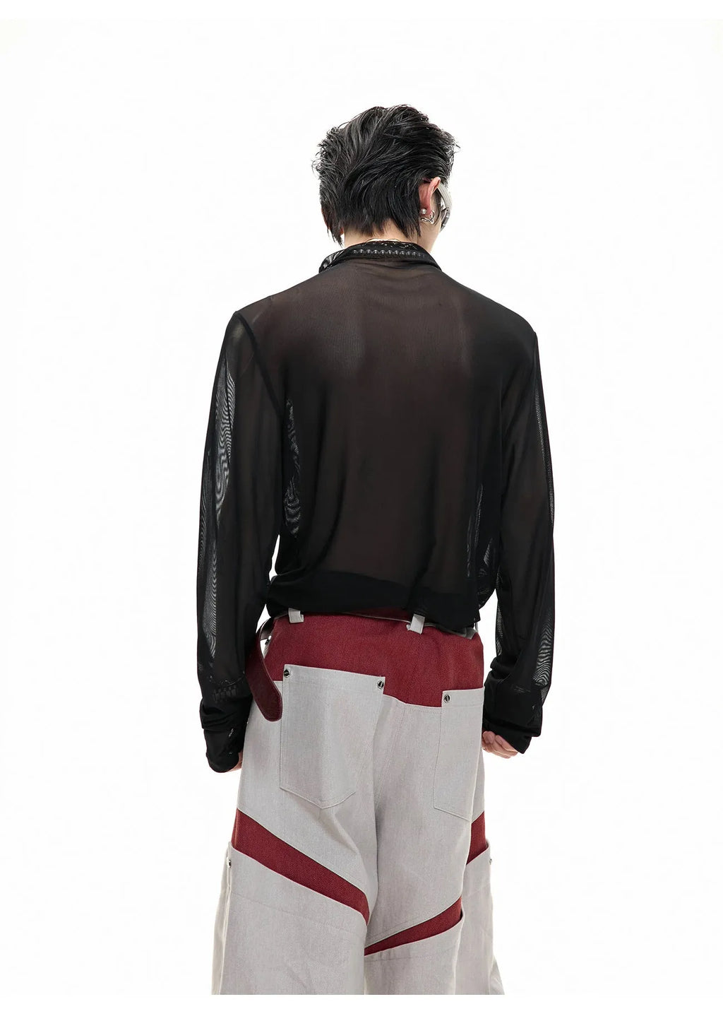 Black and white long sleeve mesh slim fit shirt for layering