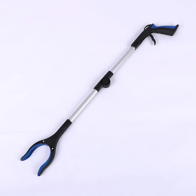 Folded aluminium garbage clamp with magnet sucker and blue handle, showing its compact 42cm storage size.