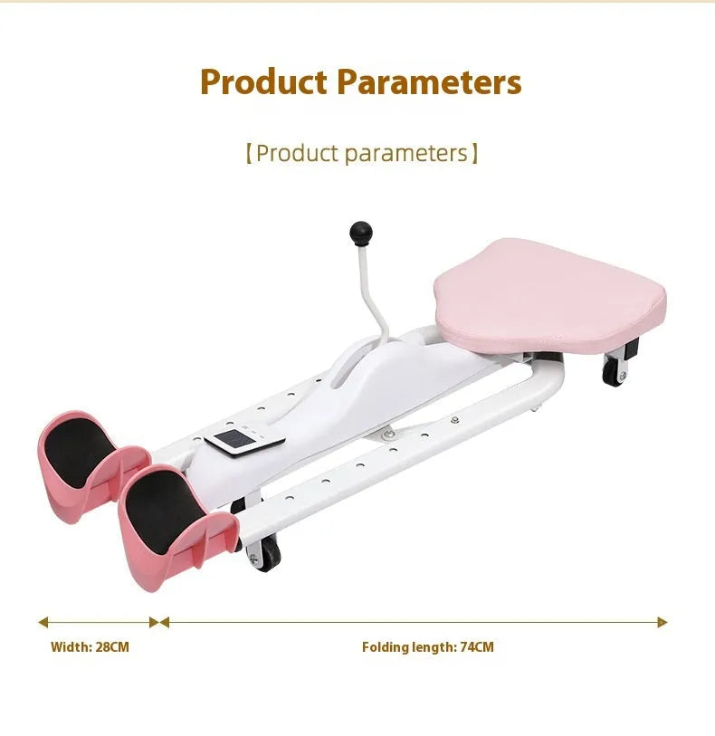 A pink leg stretching device with a steel frame and foam padding, shown alongside a blue model with a backrest.