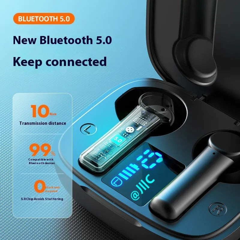 Wireless Bluetooth sports earbuds with digital display charging case in black colour