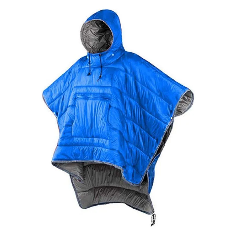 Outdoor cloak sleeping bag in grey laid out flat showing its 200x140cm rectangular shape.
