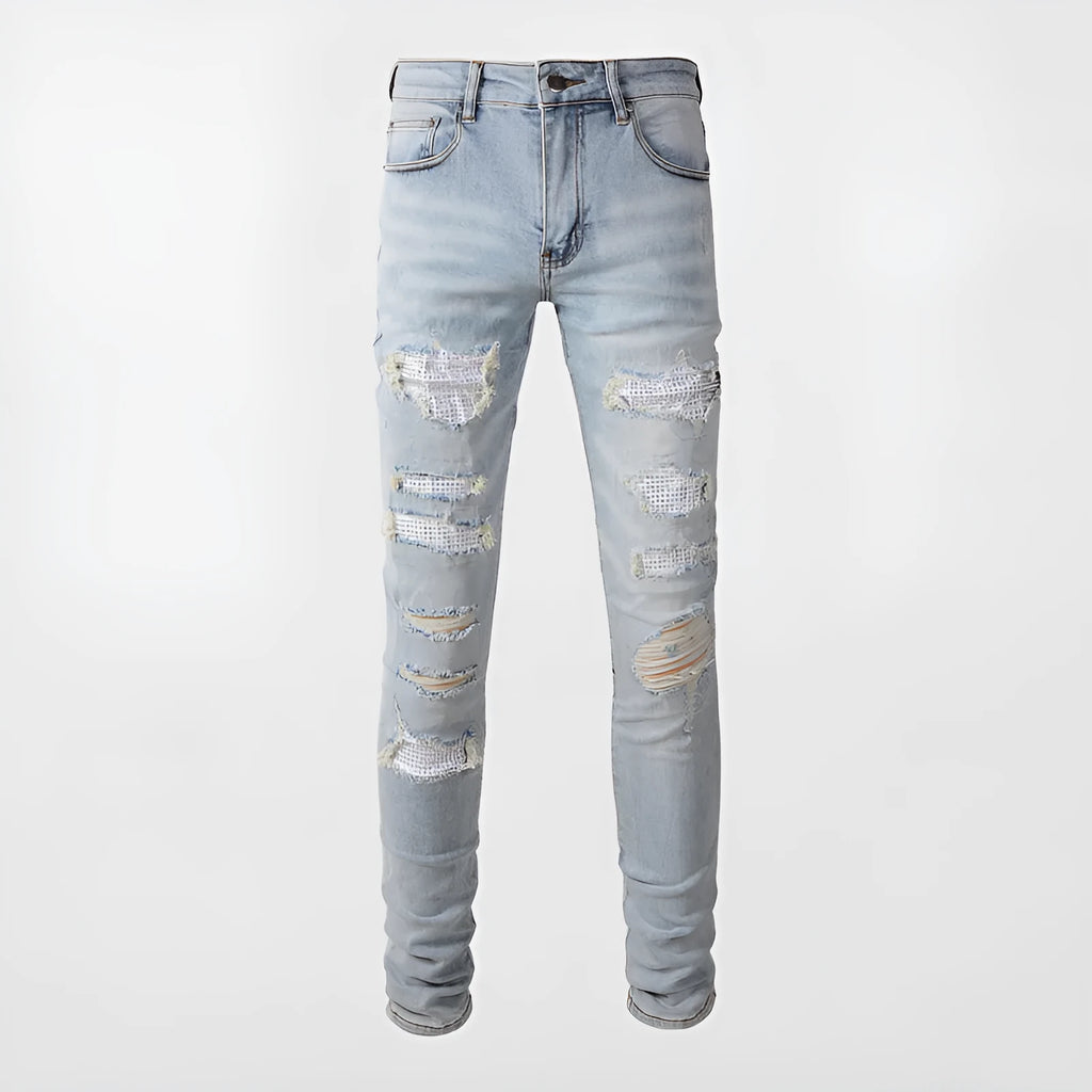 Light blue elastic tight fit jeans for men with patchwork and cat whisker finish