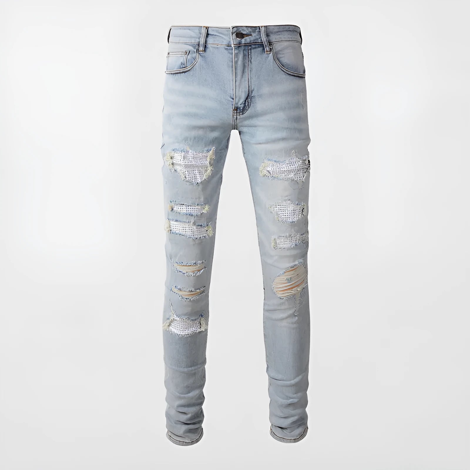 Light blue elastic tight fit jeans for men with patchwork and cat whisker finish