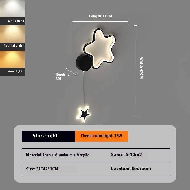 Cartoon cloud and five-pointed star themed bedside wall lamp for a child's room.