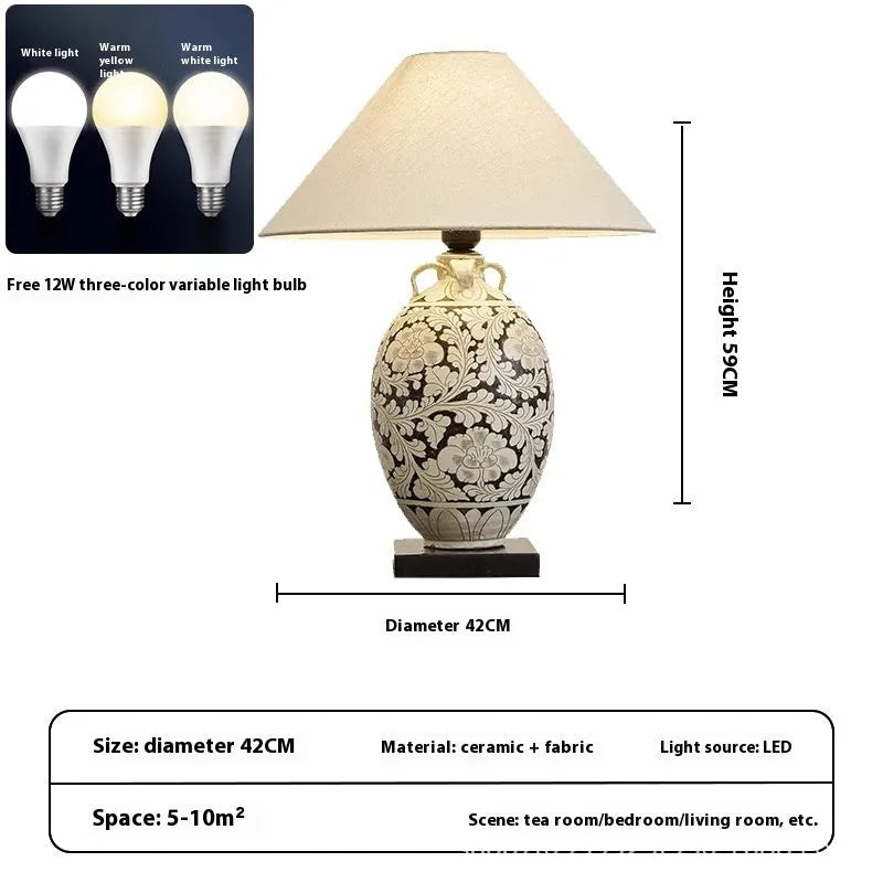 Japanese style ceramic and fabric table lamp with tri-colour and warm light, 59x42cm, for study room decoration