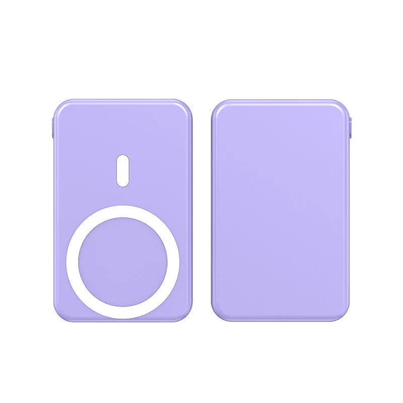 Magnetic wireless charging power bank with folding stand unfolded, shown in navy blue colour.