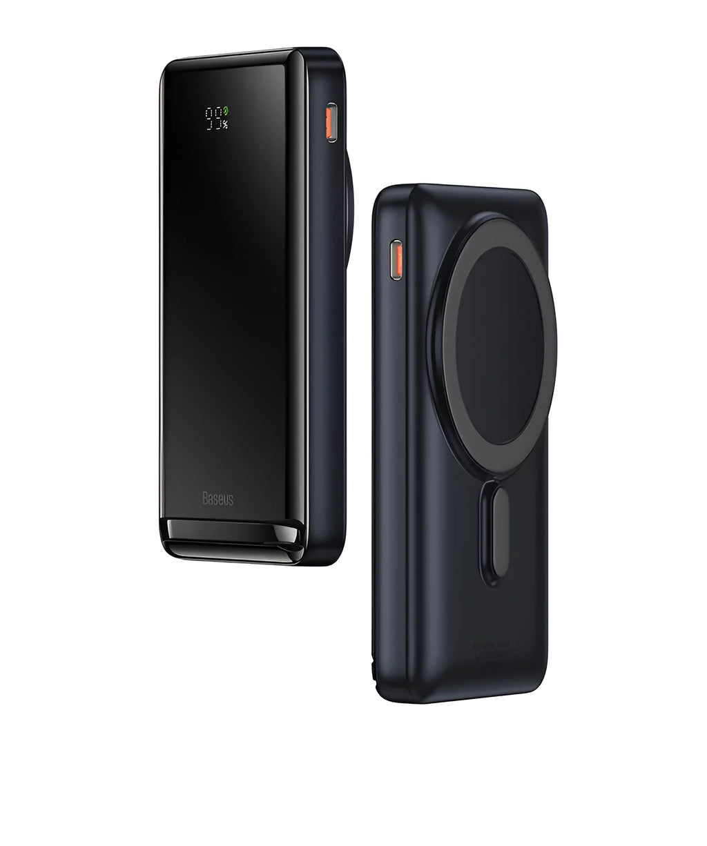 Slim blue 3-in-1 magnetic wireless power bank showing dimensions and magnetic charging feature