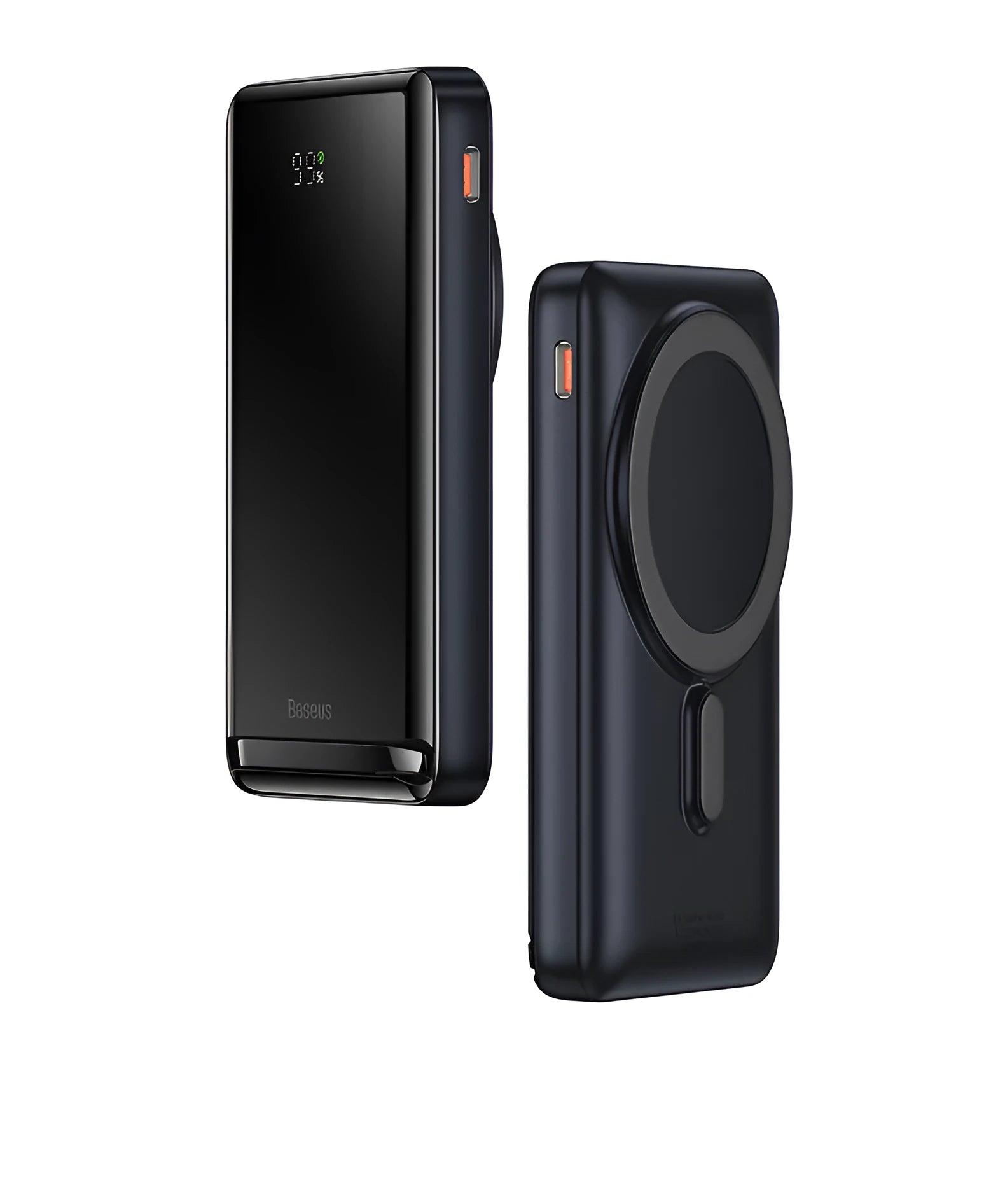 Slim blue 3-in-1 magnetic wireless power bank showing dimensions and magnetic charging feature
