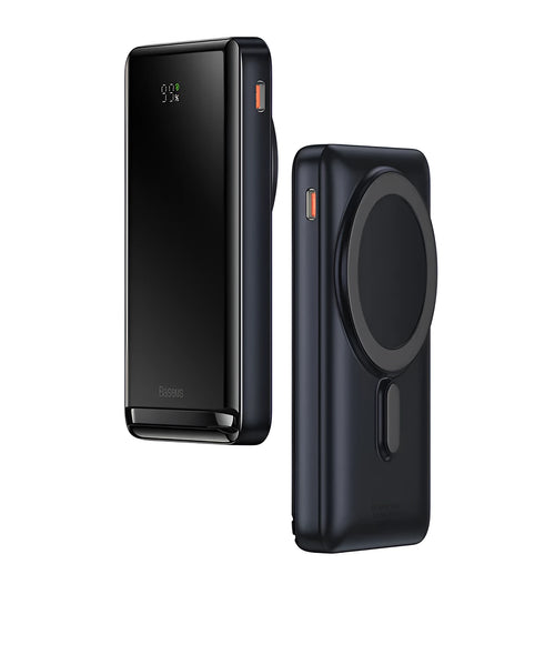 Slim blue 3-in-1 magnetic power bank and wireless charger for mobile phones.