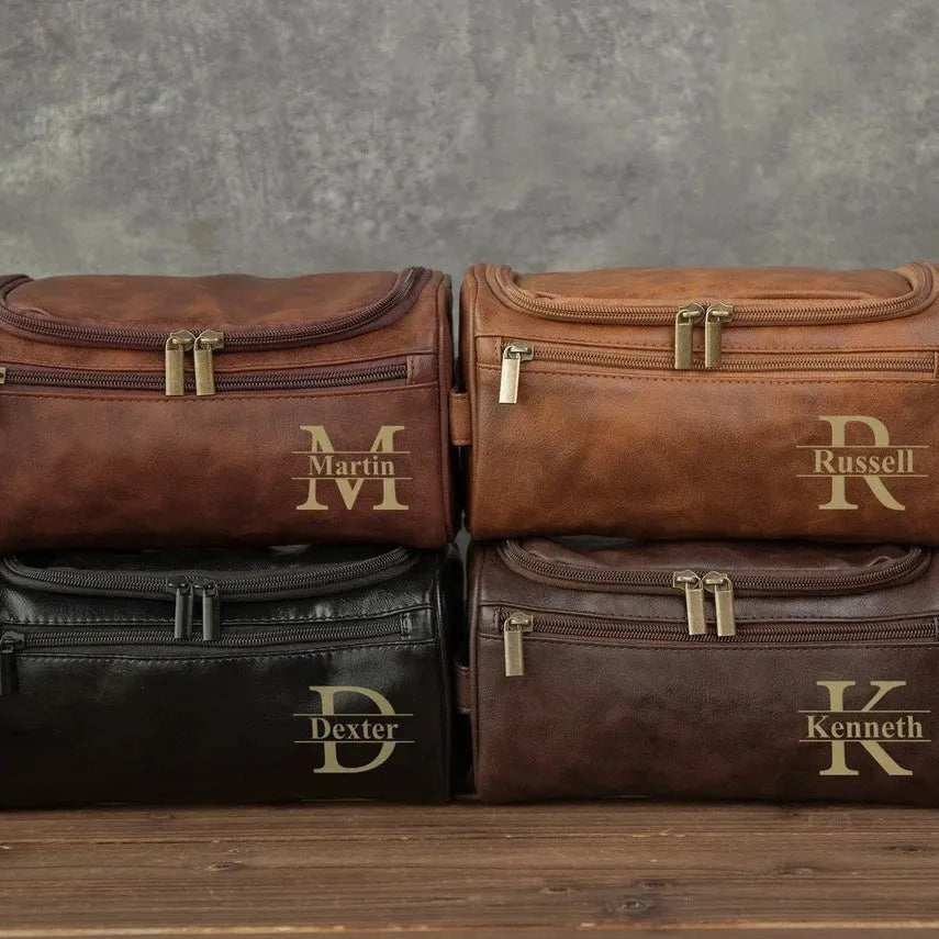 Men's black PU leather travel toiletry bag for storage