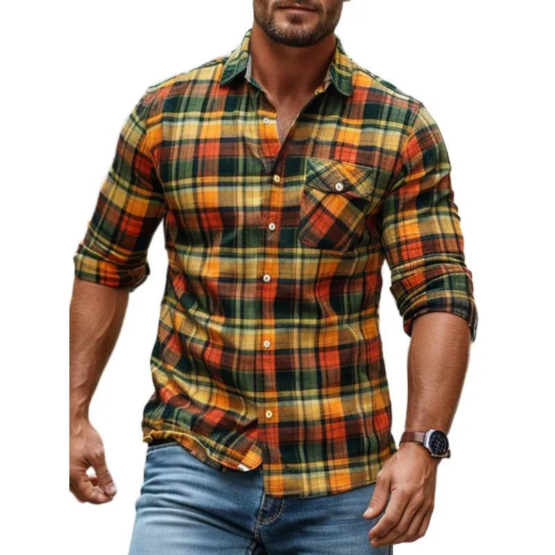 Men's fleece-lined plaid pocket shirt in cardigan style with long sleeves, available in multiple colours