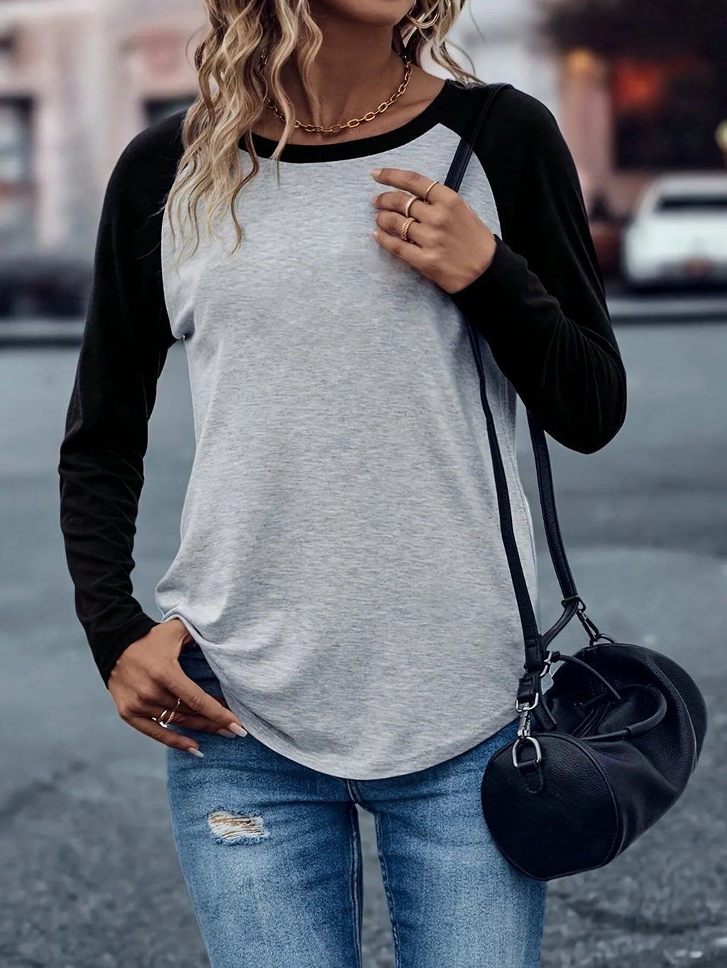 Black contrast colour polyester T-shirt, loose pullover, regular sleeves, Japanese Korean casual style, sizes S-2XL
