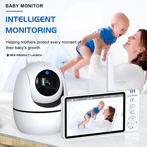 White 5-inch HD baby monitor with camera on a nursery shelf.