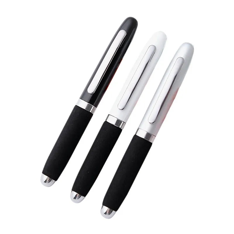Metal ballpoint pen with bullet tip shown alongside seven refill colour options
