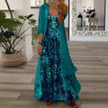 Plus size women's blue dress set with V-neck top, lining, long skirt, and crocheted flowers on polyester fabric