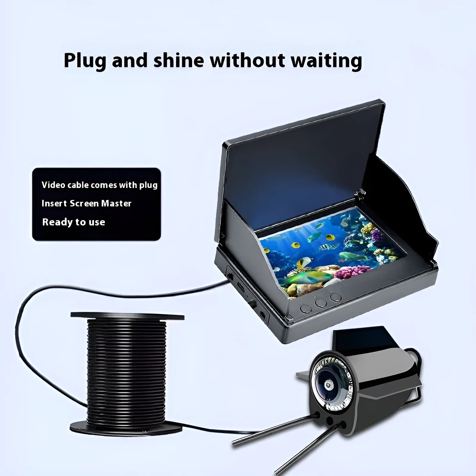 Underwater fish finder camera with 4.3-inch screen showing HD footage of fish, with temperature display and night vision lights.