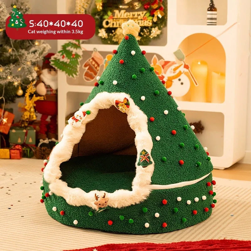 Closed plush Christmas tree cat nest with PP cotton fill, available in multiple sizes