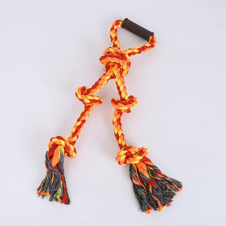 Blue and yellow durable cotton dog tug rope toy with ergonomic handle for large breeds.