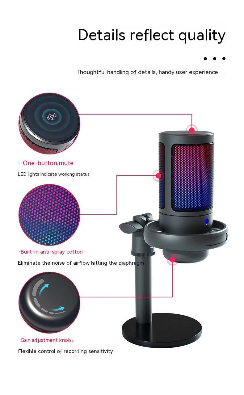Condenser microphone with RGB lighting for computer recording in black, white, or pink